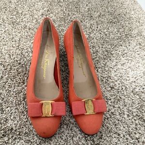 Salvatore Ferragamo Orange Suede Pumps with Gold Bow